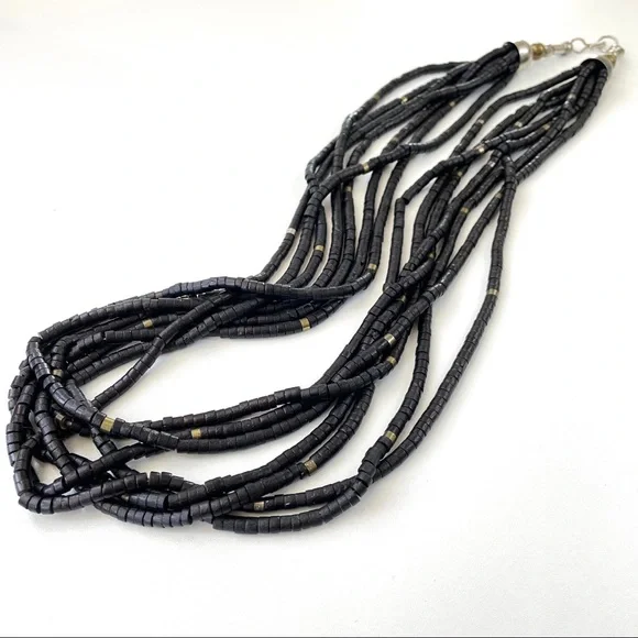 Vintage 1970s Coconut Shell Bead Black & Metallic Necklace - Picture 10 of 12